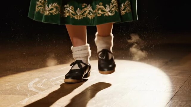 Energetic close up of an Irish dancer's feet tapping on a wooden stage with dust under a spotlight for cultural performance concept and heritage