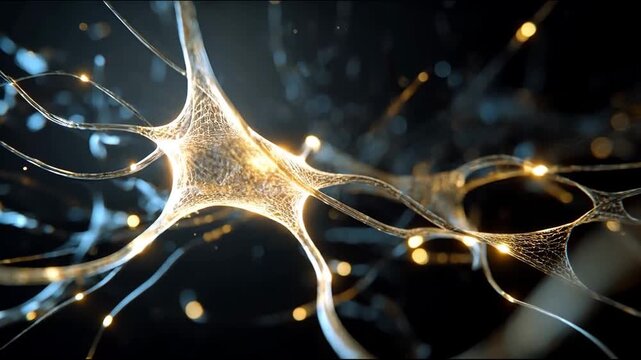 Glowing neural network transmitting electrical impulses through synapses in abstract dark space