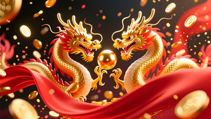 Fototapeta premium Spring celebration with a dragon playing with a pearl of fortune