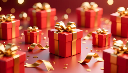 Scattered red gift boxes creating festive energy