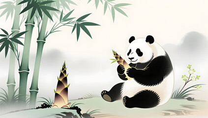 Ink Bamboo Forest with Panda and Spring Shoots
