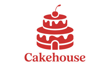Red two tier cake with cherry on top and text Cakehouse on white background dessert sweet