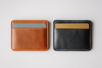 Two stylish leather card holders in brown and black on white background