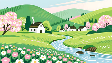 Whimsical Spring Landscape with Cottage and Creek