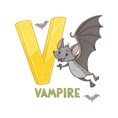 Friendly Vampire Bat Illustration with Letter V Alphabet