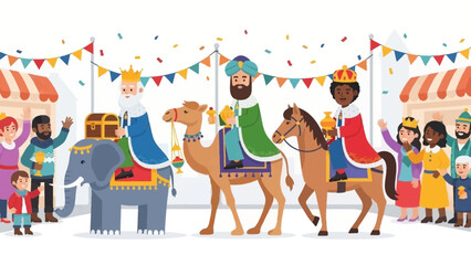 Festive Three Kings Parade Illustration Magi Arriving with Gifts for Epiphany Celebration