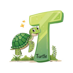 Slow Turtle Illustration with Letter T Alphabet