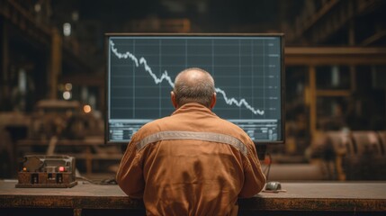 Worker Monitoring Economic Trends on Computer Screen in Industrial Warehouse Setting with Declining Graphs and Financial Data Visualizations