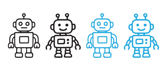 Set of cute robot icons in outline style, black and blue.