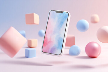 Smartphone floating among colorful geometric shapes in pastel hues