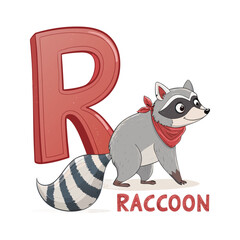 Raccoon Character with Letter R Alphabet