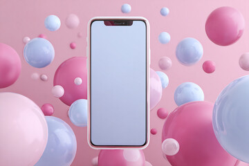 Smartphone with blank screen surrounded by colorful floating spheres