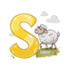 Fluffy Sheep Illustration with Letter S Alphabet
