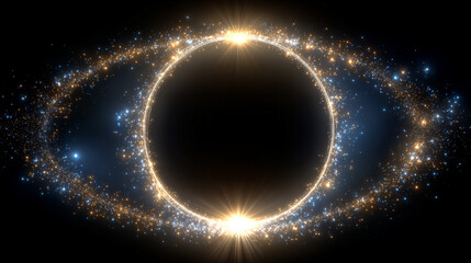 Naklejka premium Glowing energy ring isolated on black background, featuring a clean circular halo with bright sparkling particles, evoking cosmic, futuristic, and mystical visual elements for digital design.