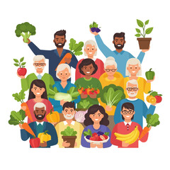 Diverse group of people holding fresh produce, vegan day