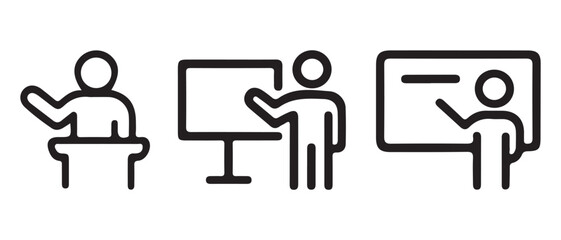 Presentation and teaching icons set isolated on white background.