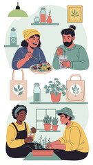 Embracing Sustainable Living Happy People Enjoying Healthy Food and Gardening