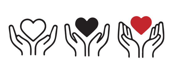 Hands holding heart icon set isolated on white background.