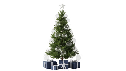 Isolated Christmas tree with ornaments, blue presents with silver ribbons, tree topper star