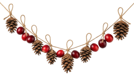 Isolated decorative holiday garland made of pine cones and red berries on natural rope