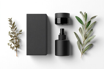 Elegant black skincare products with green leaves on white background