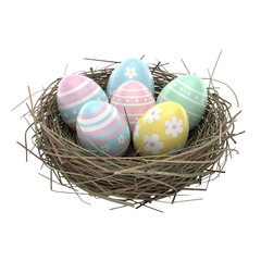 Obraz premium Painted easter eggs in nest on white background.