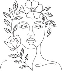 Floral Woman Face Line Art Botanical Portrait