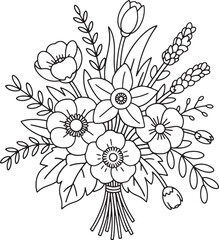 Floral Bouquet Line Art Botanical Illustration