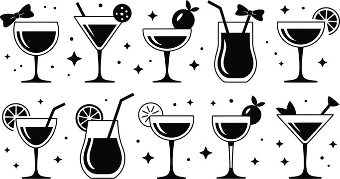 Collection of various cocktail glass icons and vector graphics for beverage and party themes