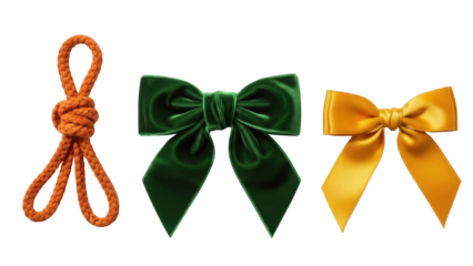 Isolated orange knotted rope, velvet green and gold satin ribbon bows for holiday decoration