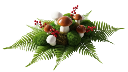Isolated arrangement of faux mushrooms and greenery for a festive seasonal display