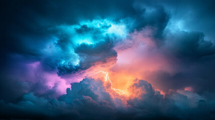 Nighttime thunderstorm with flashing lightning and colorful neon glows illuminating storm clouds, capturing intense energy, dramatic atmosphere, and vibrant electrical activity in the sky.