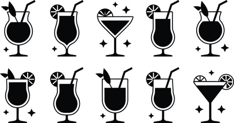 Stylized vector silhouettes of assorted cocktail glasses, featuring various alcoholic and non-alcoholic drinks with garnishes, ideal for bar menus and beverage designs