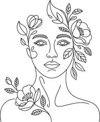Modern Floral Woman Portrait Line Art Illustration