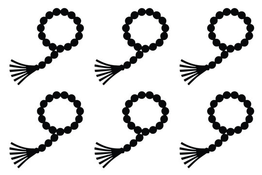 Six black prayer beads with tassels arranged in a grid on a white background rosary tasbih