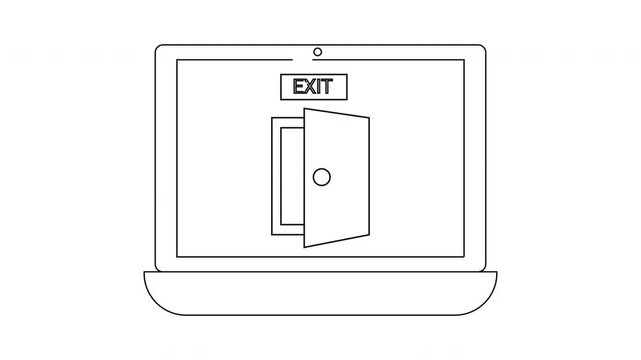 A laptop screen shows an open exit door with an exit sign above it