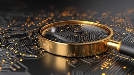 Magnifying Glass on Detailed Circuit Board with Golden Accents and Abstract Orange Glowing Particles Against Dark Gray Backdrop