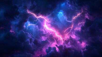 Nighttime thunderstorm with flashing lightning and colorful neon glows illuminating storm clouds, capturing intense energy, dramatic atmosphere, and vibrant electrical activity in the sky.