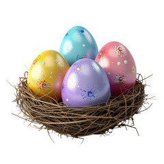 Obraz premium Painted easter eggs in nest on white background.