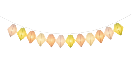 Isolated string of hanging paper lanterns, celebratory party decorations, lighting fixture