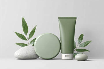 Natural skincare products with green packaging and leafy elements for a fresh look