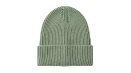 Isolated warm sage-green ribbed knit wool beanie hat for winter fashion and warmth against cold