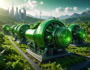 Futuristic, green mechanical structures in a lush, verdant landscape with city backdrop
