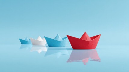 Obraz premium Colorful Paper Boats Floating on Calm Water Surface in Bright Blue Background with Reflection Showing Simple Childhood Joy and Imagination