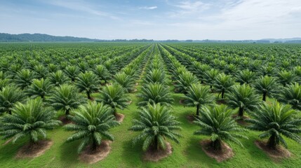 Fototapeta premium Lush Green Palm Oil Plantation with Rows of Palm Trees Under Blue Sky and Wispy Clouds in the Scenic Countryside