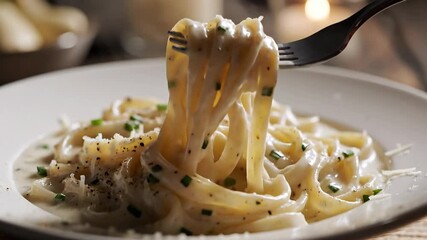 Closeup shot of a fork twirling delicious creamy pasta likely fettuccine or tagliatelle generously coated in a rich sauce with visible herbs and black pepper served on a pristine white plate in a war. - Powered by Adobe