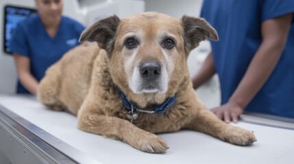 Compassionate veterinarian care for a senior dog experiencing health examination at modern clinic with attentive staff pampering pet