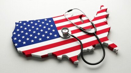 US Healthcare System Diagnosis Stethoscope on American Flag Map