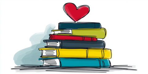 Colorful Book Stack with Heart and Pencil