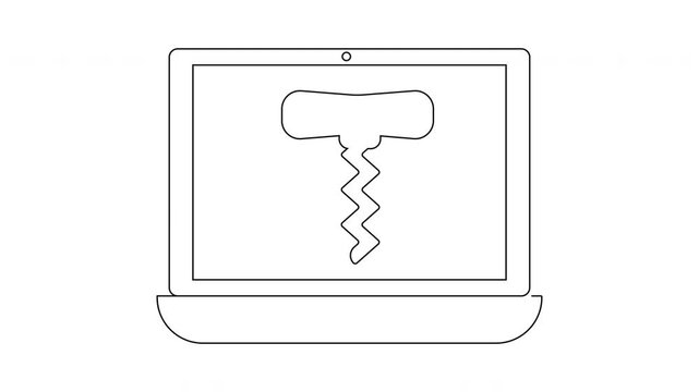 A line art image of a laptop screen showing an outline of a corkscrew